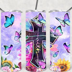Women's Purple Faith Butterfly Design Custom 20oz Tumbler Coaster Gift Set